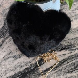 Black Heart Faux Fur Small Bag with Gold Crossbody Chain Hardware